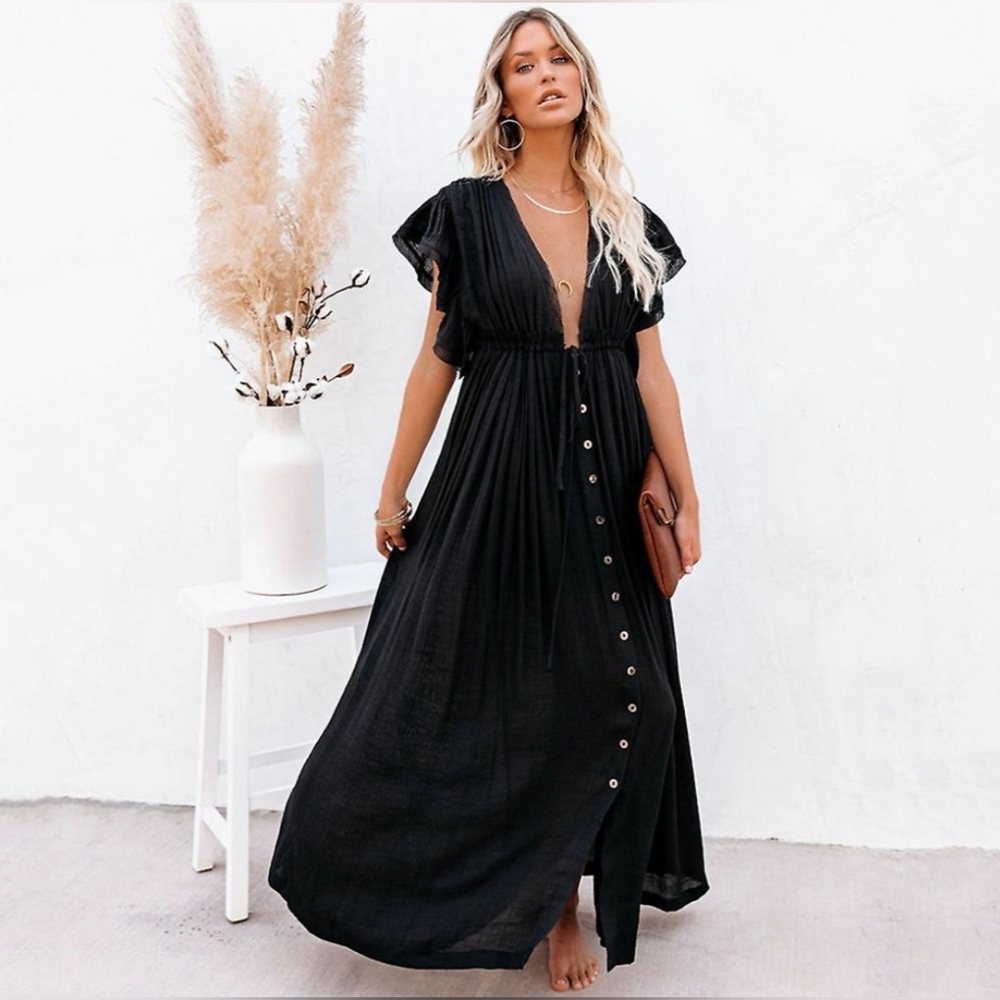 New Sexy Plunge Maxi Dress Sheer Gauze Cover Up Summer Black - Picture 6 of 10